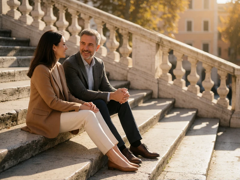 Couple in their forties sitting together on sunlit stone steps in Rome mid-conversation