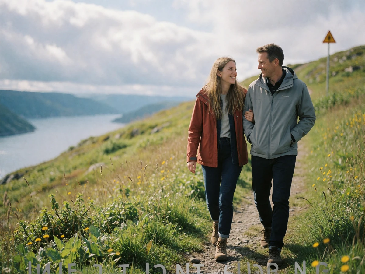Couple in their late thirties walking side by side on a grassy Norwegian ridge with a distant fjord inlet behind them