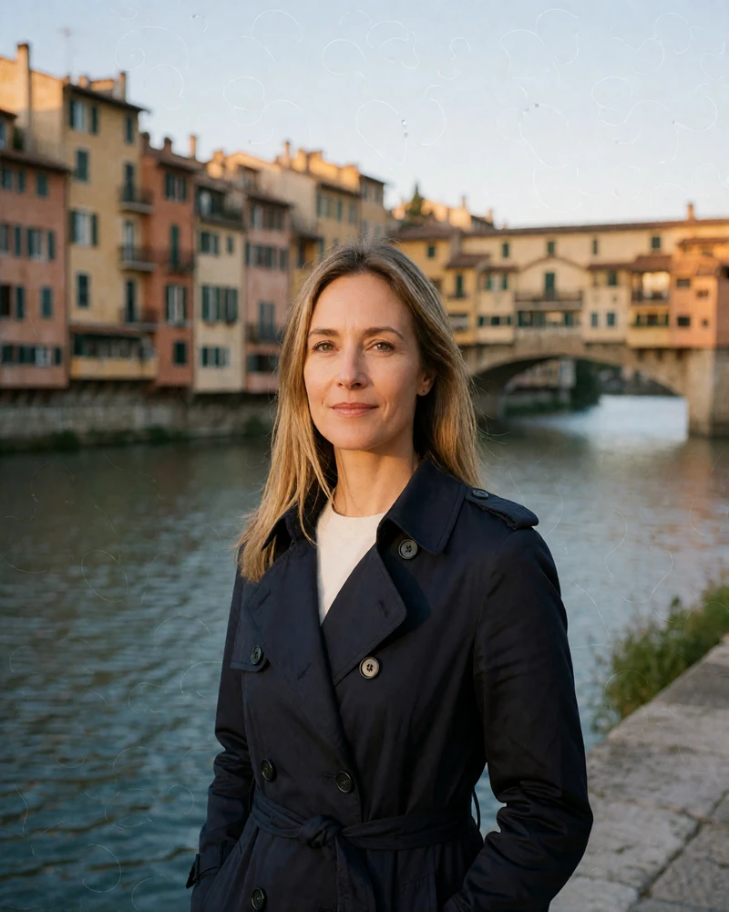 Verified French member from Lyon with straight dark blonde hair in a navy trench coat on a riverside quay