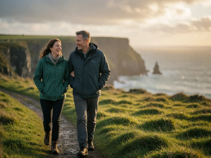 Couple in their forties laughing together on a grassy Irish clifftop path above the Atlantic