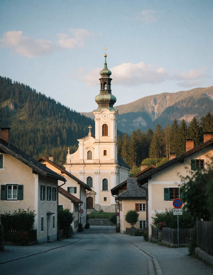 Austrian alpine village with a baroque church tower and pale stucco houses beneath forested mountains