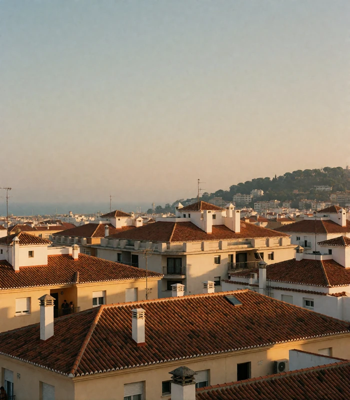 Terracotta-tiled Spanish city rooftops and modernist facades with a distant hillside and sea haze beyond