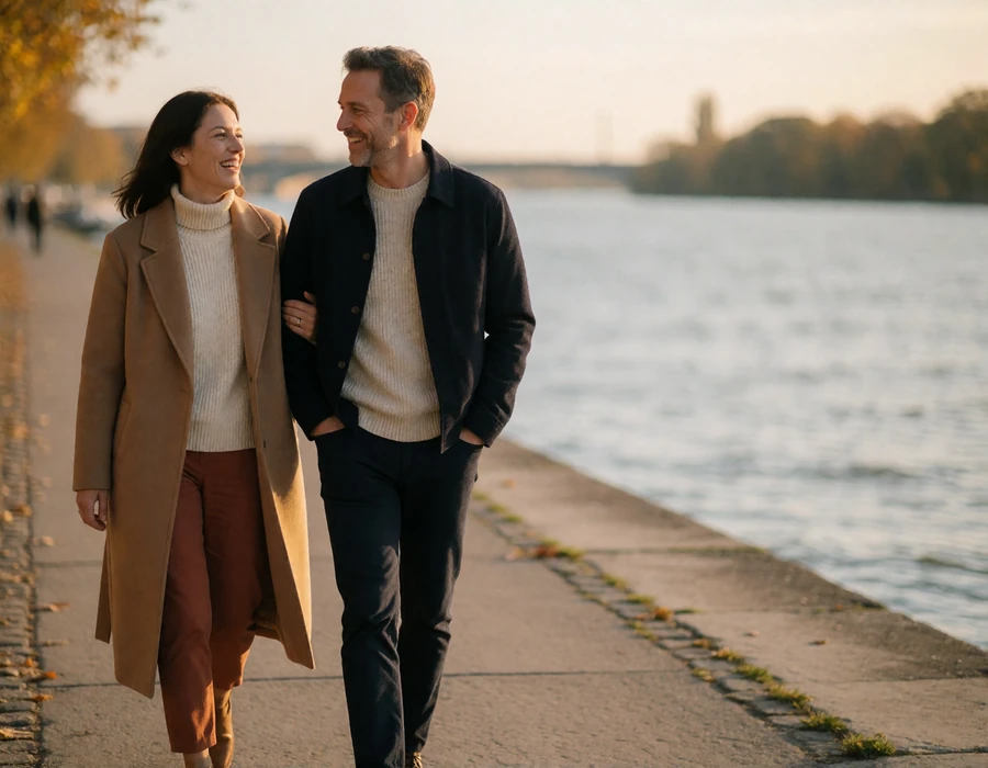 Couple in their forties walking and talking along a wide riverside promenade in warm evening light
