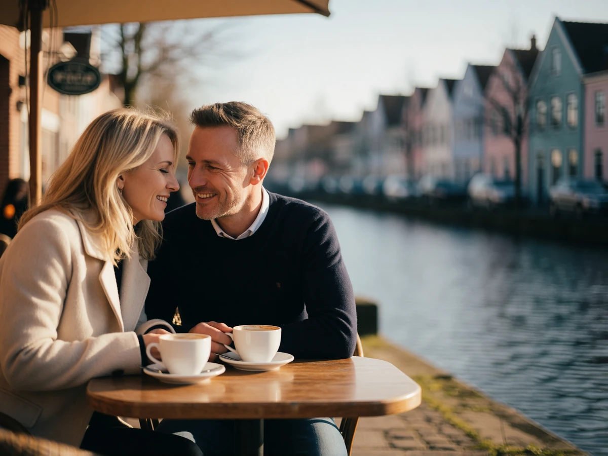 Couple in their forties sitting at an outdoor canal-side table with coffee cups in Copenhagen