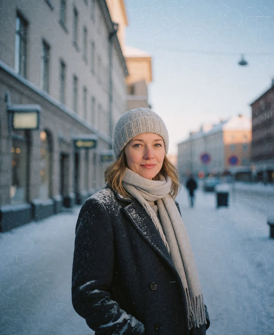 Verified Finnish member in a knitted grey hat and charcoal coat on a snow-dusted city street