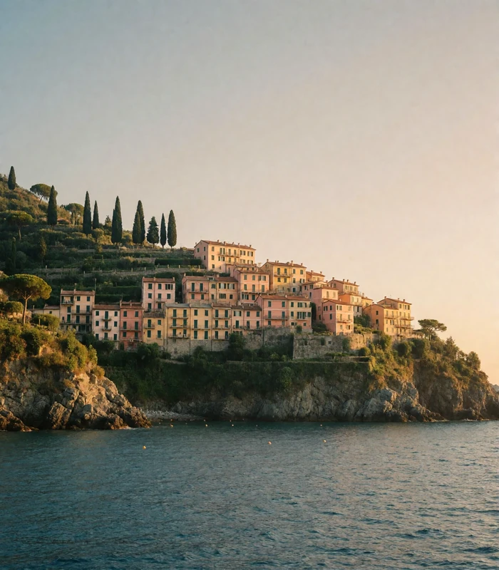 Terraced Italian coastal town of pastel pink and ochre houses climbing a green headland above the sea