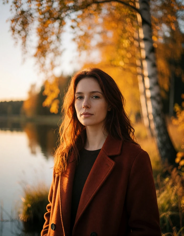 Verified Estonian member with auburn hair and a rust-colored wool coat standing beside an Estonian lake in autumn