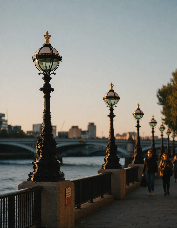London riverside walkway along the Thames at dusk with a bridge silhouette in the distance