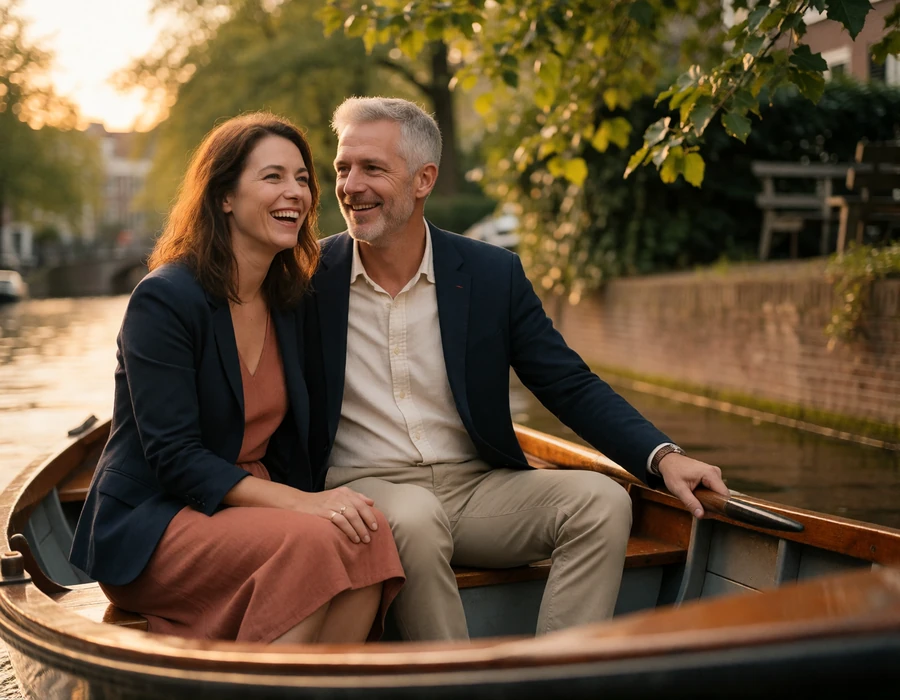 Couple in their forties sitting close together in a small open wooden boat drifting along a tree-lined canal