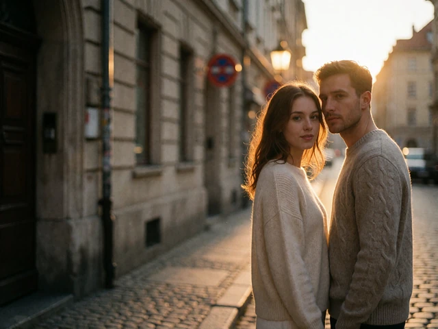 Couple standing close together on a quiet European cobblestone street at sunset
