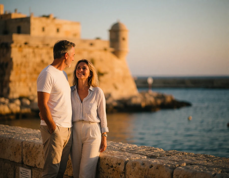 Couple in their forties standing at a limestone harbour wall in Malta at dusk with illuminated bastions behind them