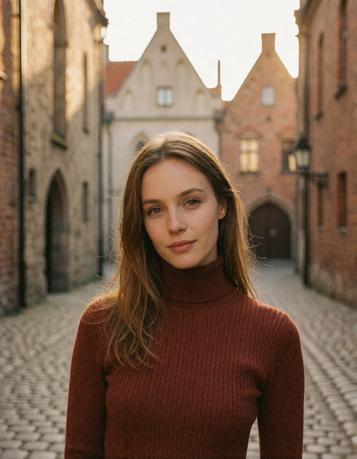 Light-brown-haired Baltic woman in a rust turtleneck standing in a medieval old-town lane