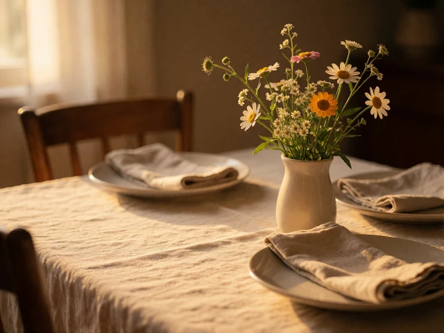 Simply laid dinner table with white plates, linen napkins and wildflowers, set for a family gathering in warm light