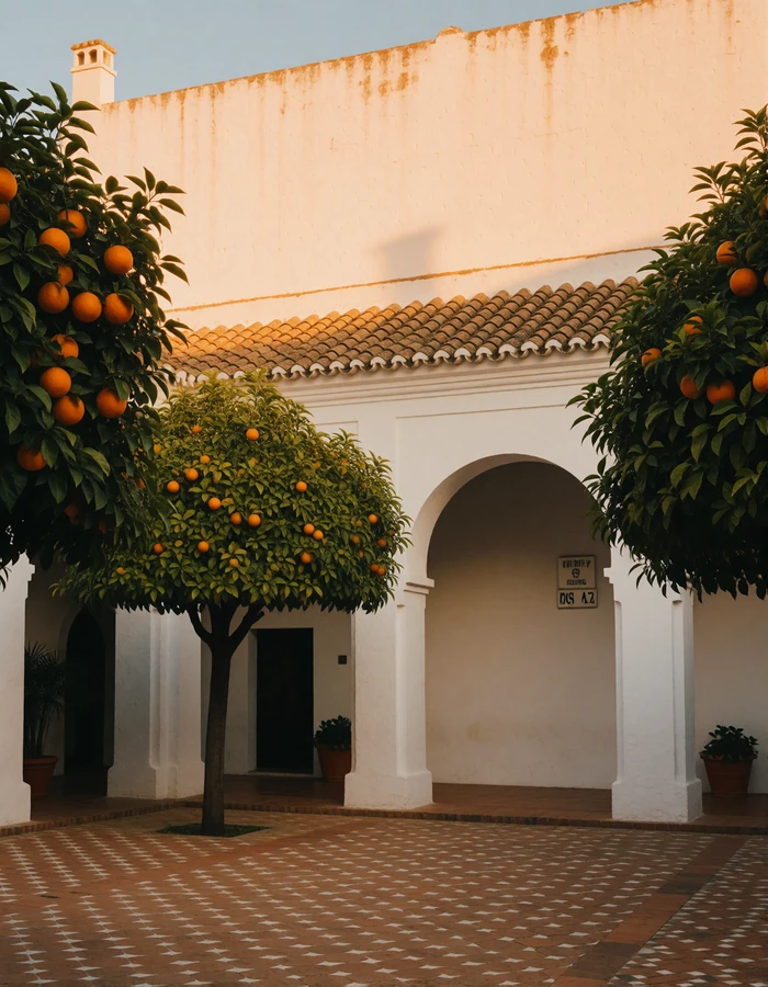 Quiet whitewashed Sevillian courtyard with orange trees and patterned floor tiles in late afternoon light
