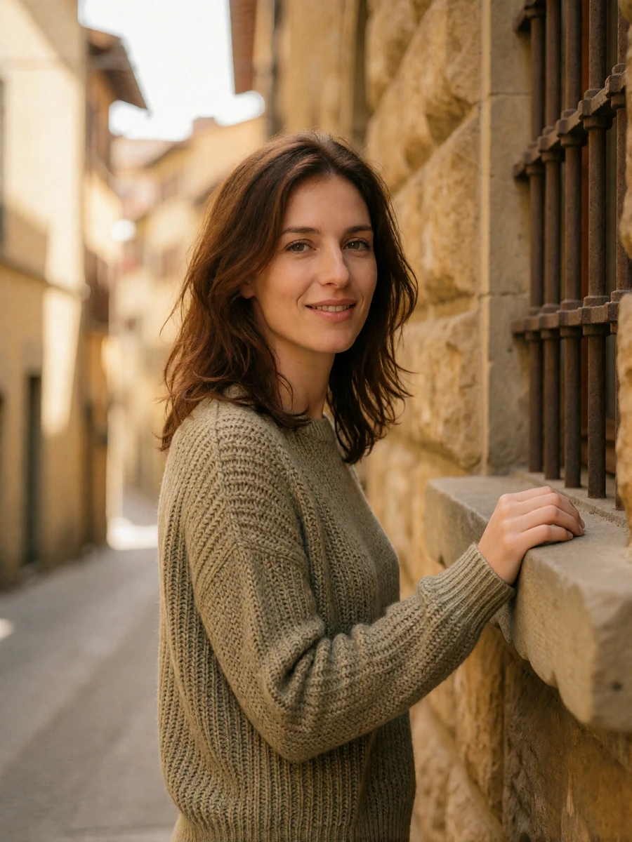 Italian woman in her thirties with chestnut hair on a narrow Florentine street