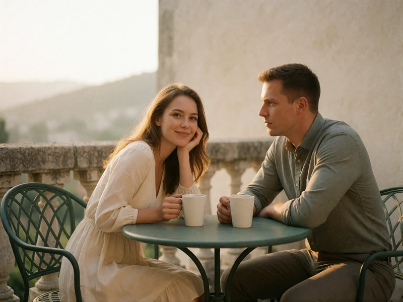 Couple sitting at a small round table on an outdoor stone terrace sharing plain white cups of coffee