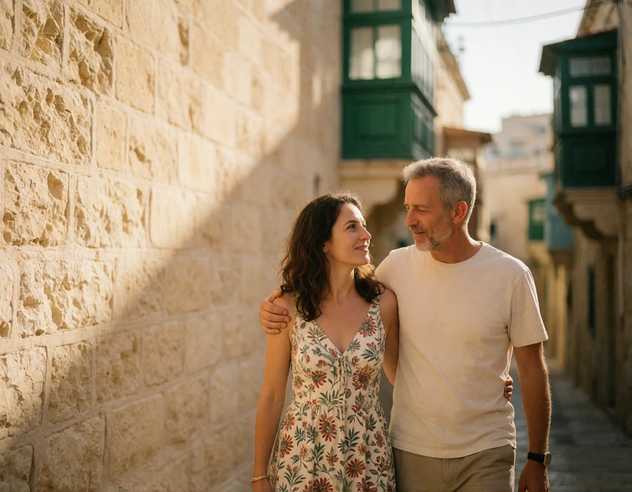 Couple in their fifties walking arm in arm down a narrow Maltese village lane in morning light