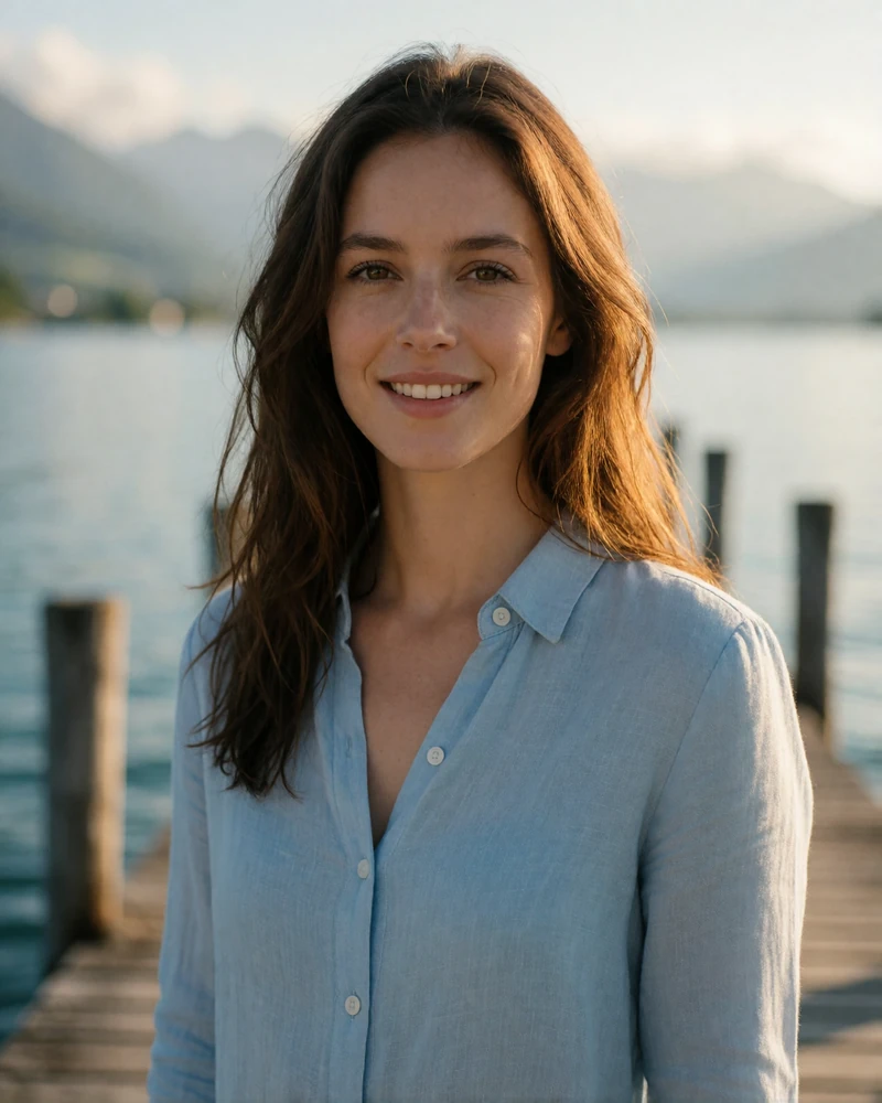 Verified Swiss member with long chestnut hair standing on a wooden lakeside pier wearing a light blue linen shirt