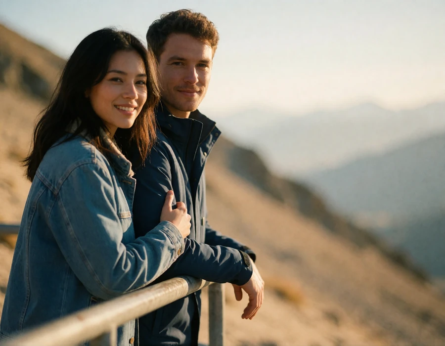 Couple standing side by side at an alpine viewpoint railing, the woman resting a hand on her partner arm as both smile toward the camera