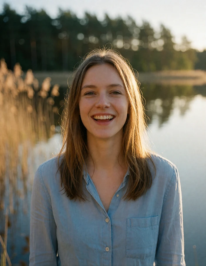 Verified Lithuanian member with light-brown hair in a pale blue shirt beside a calm Lithuanian lake at golden hour