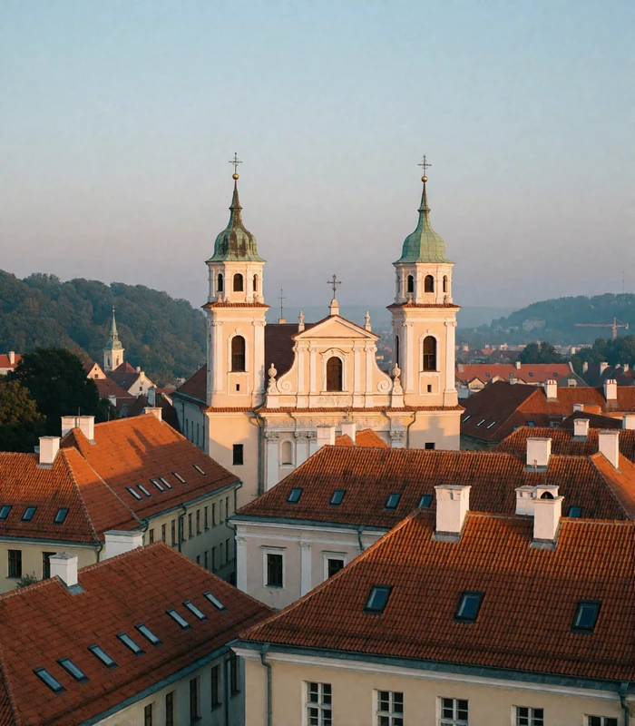 Baroque rooftops and slender bell towers of Vilnius old town in warm evening light