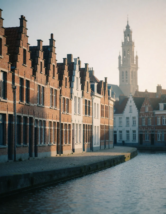 Belgian city canal lined with stepped-gable brick houses and a distant belfry