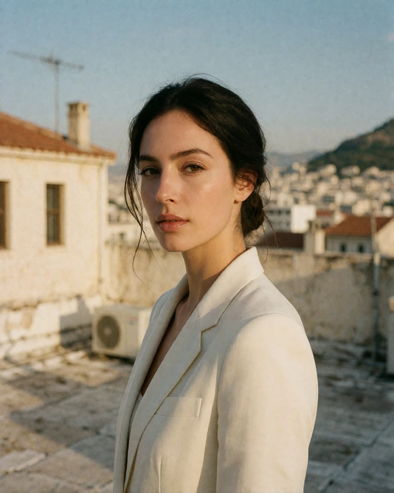 Verified Greek member from Athens with dark hair pinned back standing on a city rooftop
