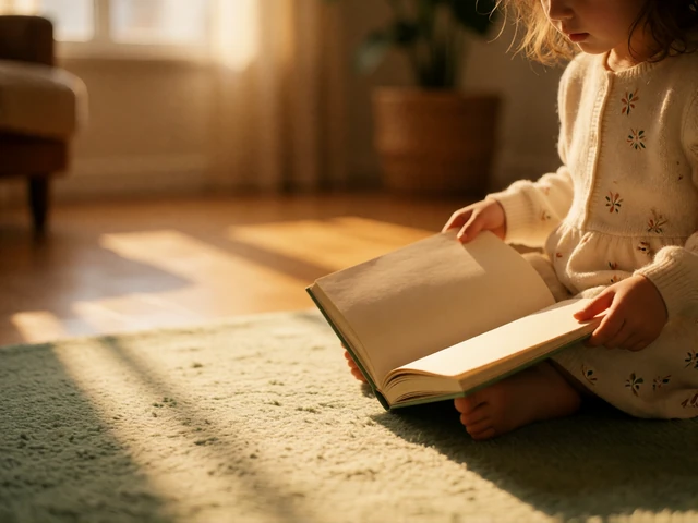 Small child sitting on a sunlit living-room rug beside an open picture book in warm afternoon light