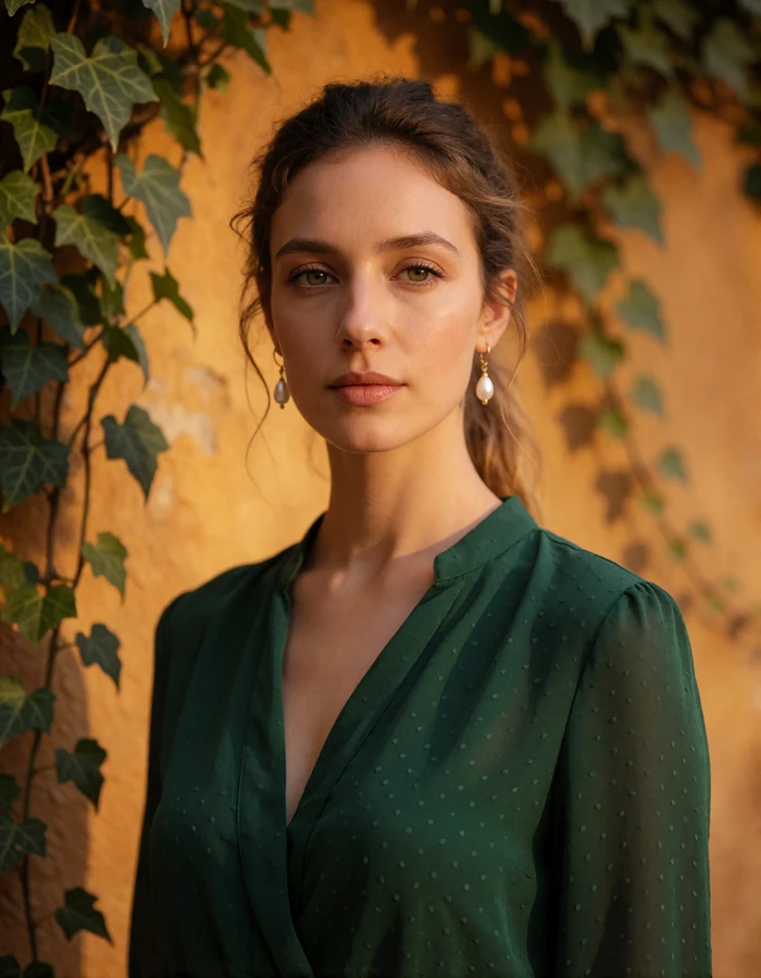 Verified Roman member from Trastevere with hair tied back standing before an ivy-covered ochre wall