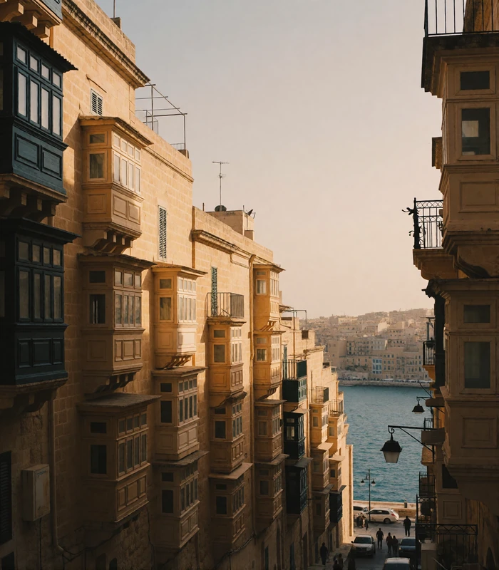 Honey-colored Maltese limestone buildings with enclosed balconies rising along a steep Valletta street