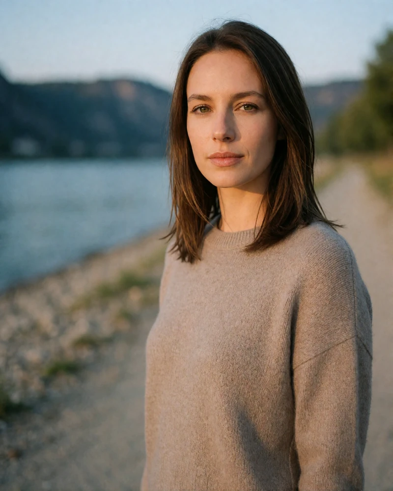 Verified member from Liechtenstein with straight brown hair on a Rhine riverside path at evening light
