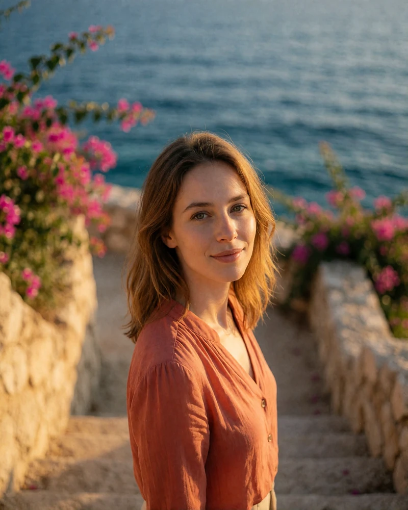 Verified Monaco-area member in a coral blouse pausing on coastal stone stairs above the sea