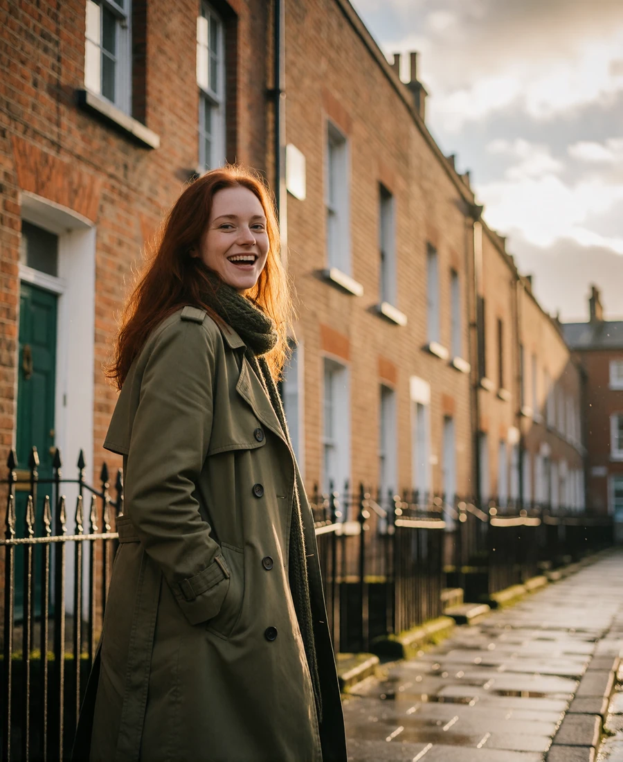 Irish woman with red-brown hair laughing on a Dublin street of Georgian brick townhouses