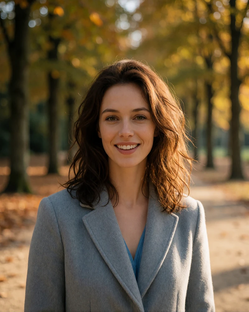 Verified member from Luxembourg with wavy chestnut hair on a tree-lined park path