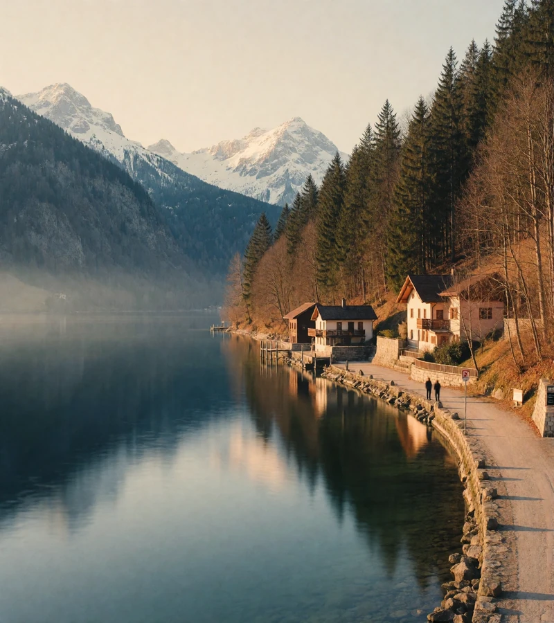 Mirror-calm alpine Swiss lake reflecting steep forested slopes and distant snow peaks