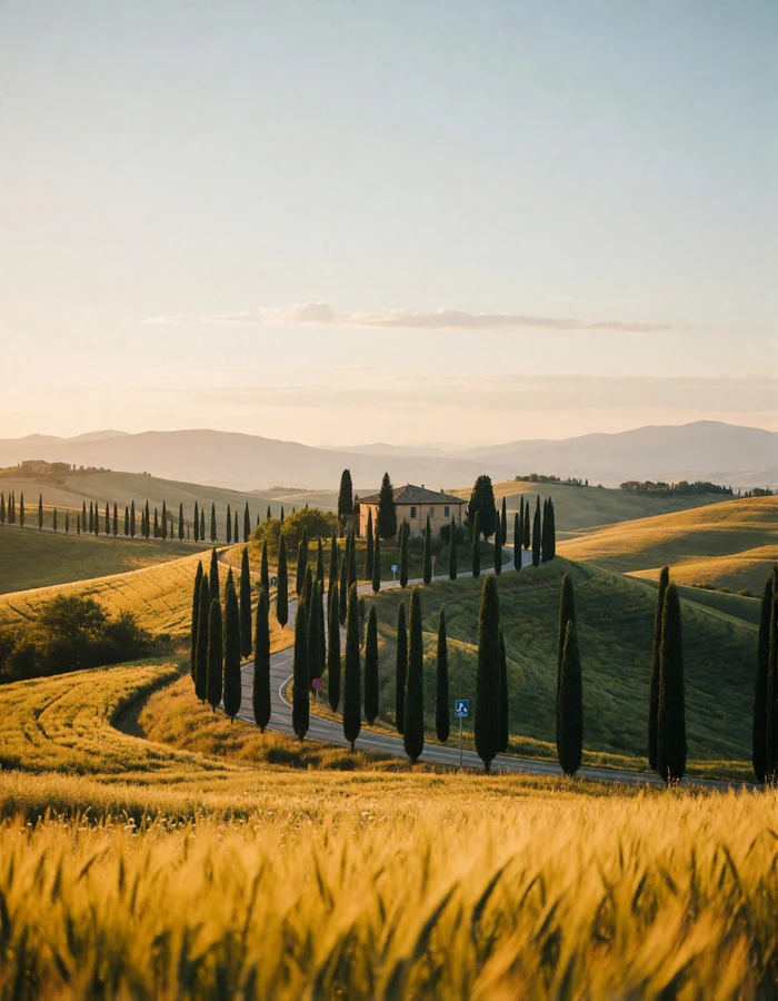 Rolling Tuscan hills with a cypress-lined road at golden hour