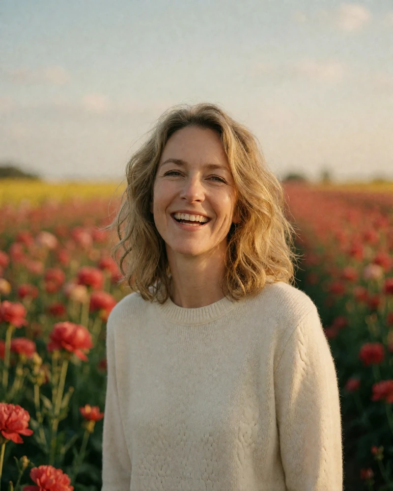 Verified Dutch member with wavy strawberry-blonde hair in a cream sweater standing at the edge of blooming flower fields