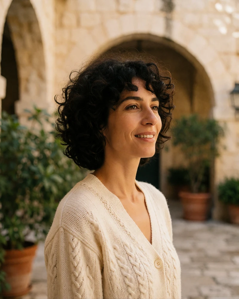Verified Maltese member with dark curls in a cream cardigan in a shaded limestone courtyard