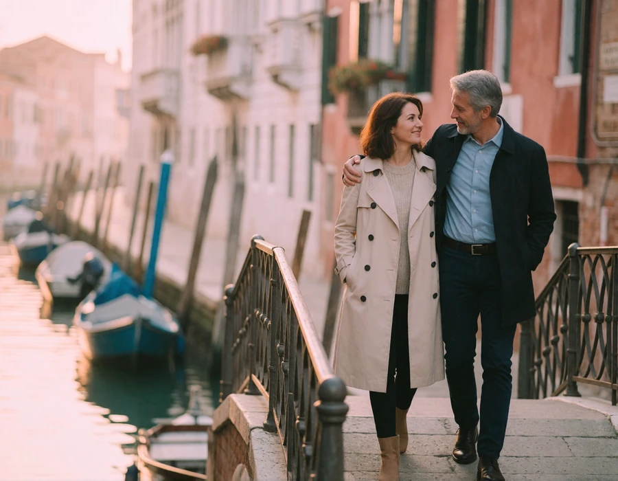 Couple in their fifties walking arm in arm over a small Venetian bridge in early morning light