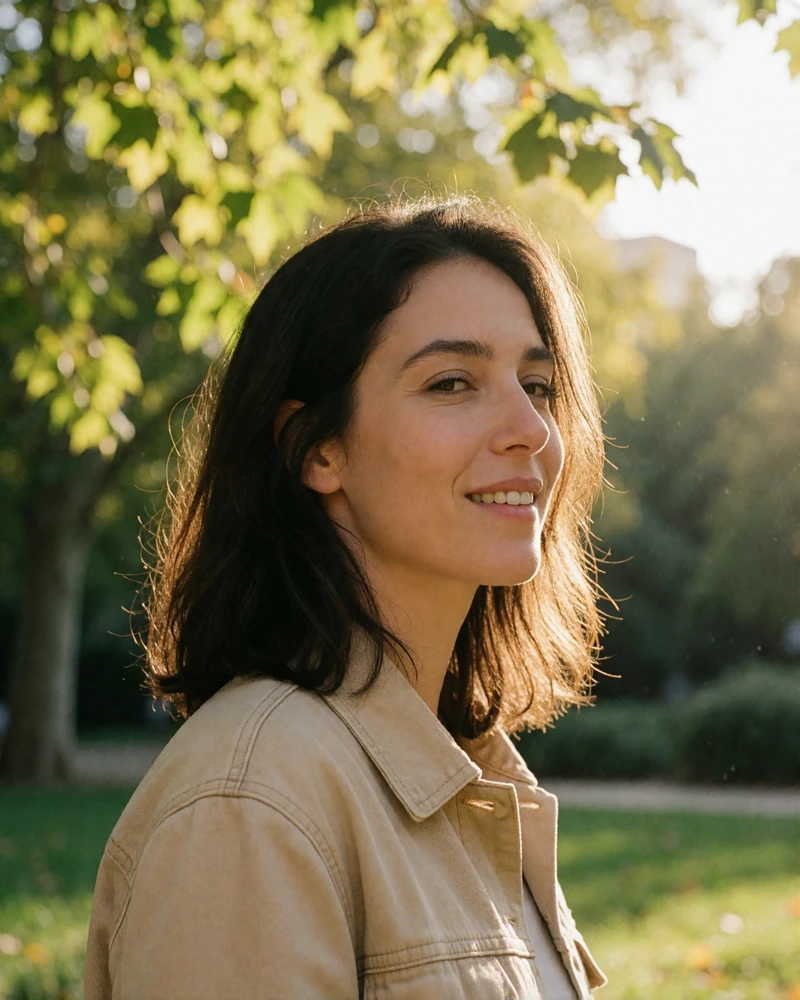 Verified Spanish member from Madrid with shoulder-length dark hair walking through a sunlit park