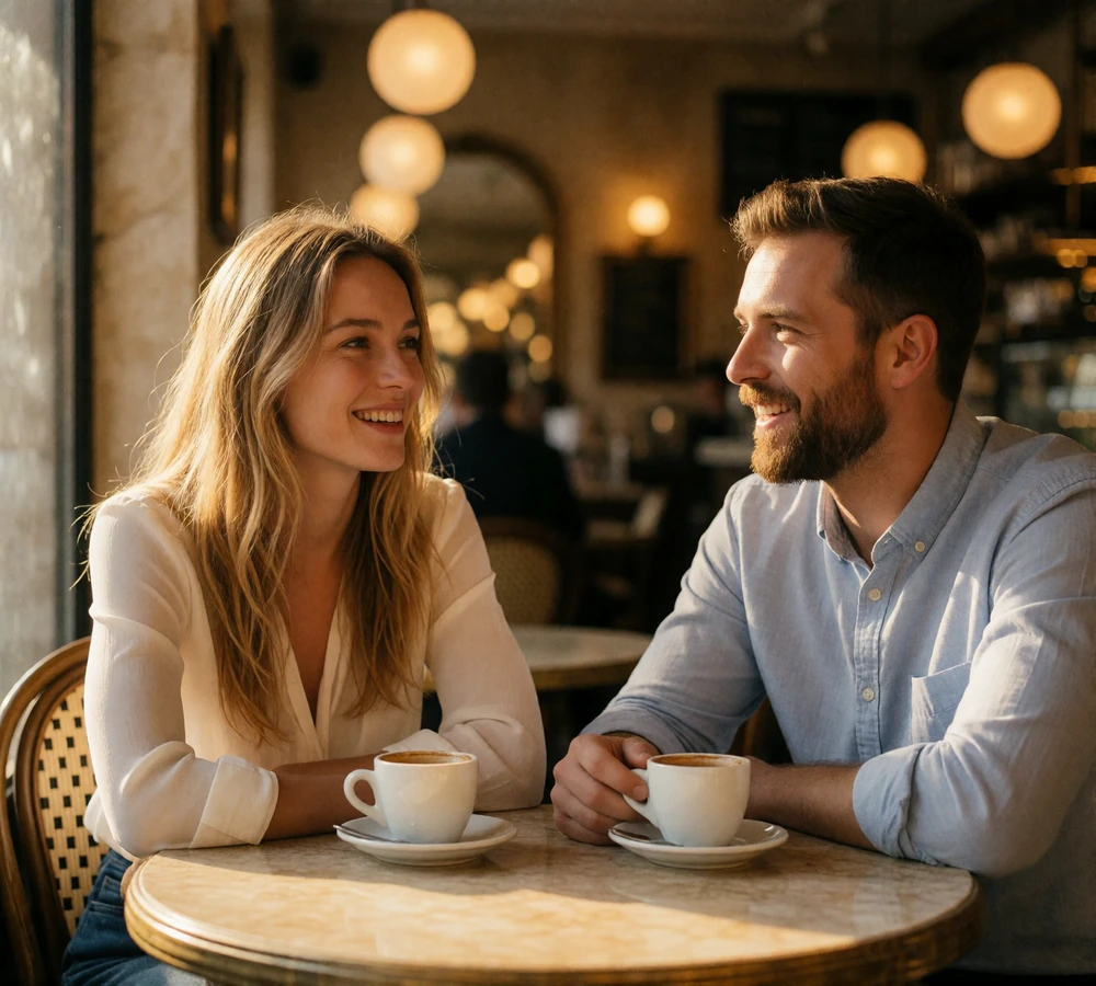 International couple in their late thirties talking over espresso at a sunlit cafe table while planning where to live together