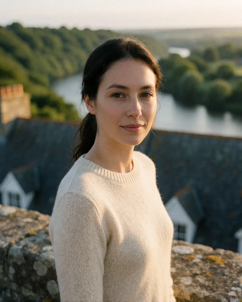 Verified member from Luxembourg with dark hair tied back standing at a stone parapet above a green valley