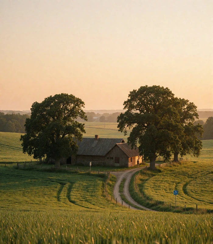 Rolling green Lithuanian countryside at dusk with a wooden farmstead among mature oaks