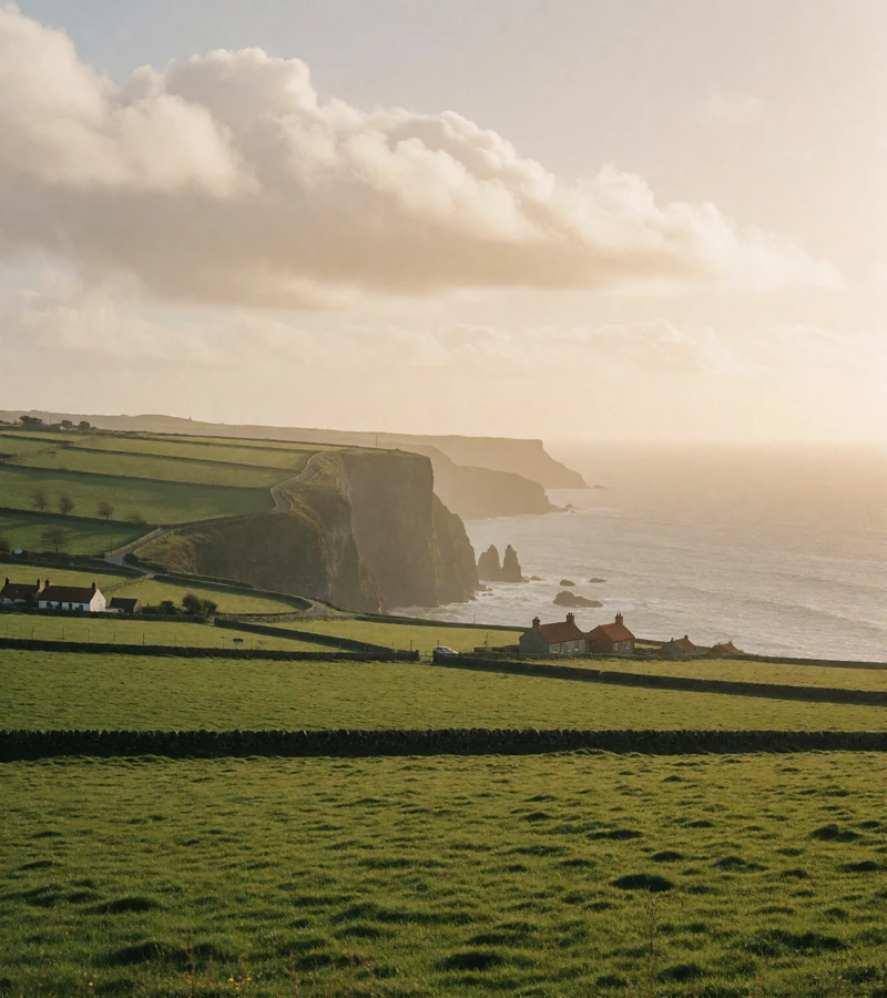 Green Irish coastal fields edged by low stone walls running toward dramatic cliffs above a calm sea