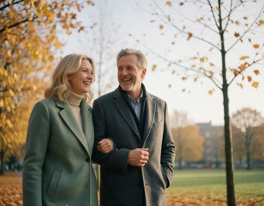 Blonde woman and man in his fifties laughing while walking arm in arm through a northern city park in autumn