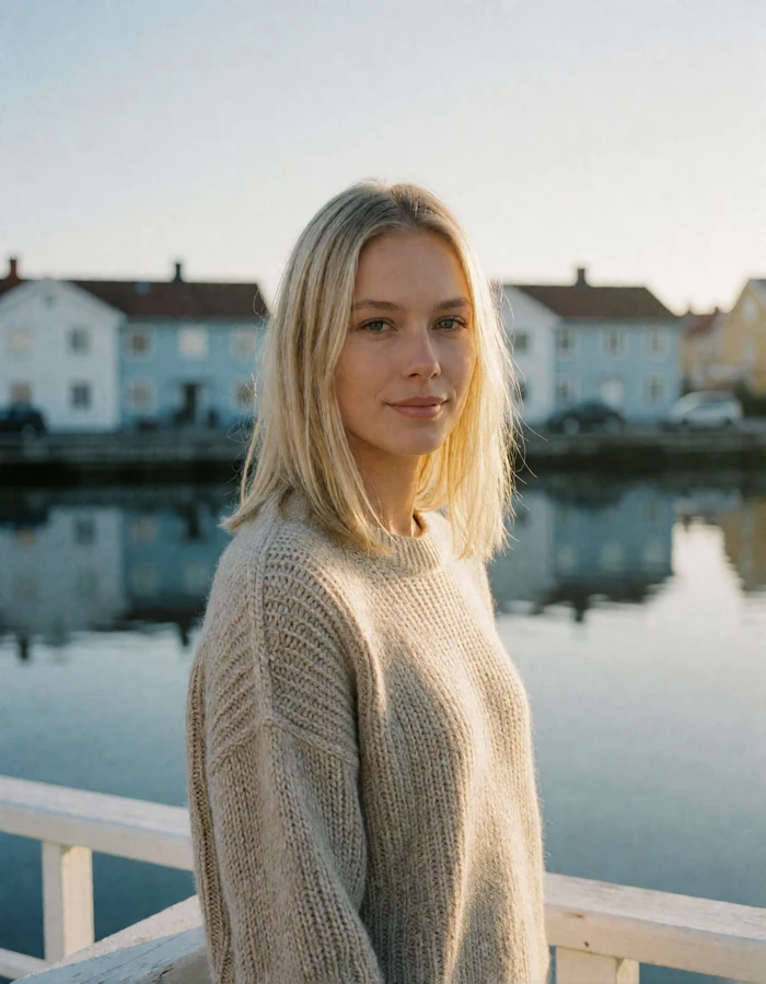 Blonde Scandinavian woman in an oatmeal sweater beside a bright northern harbor railing