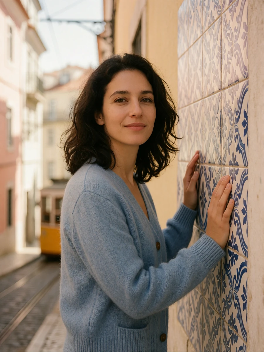 Portuguese woman in a blue cardigan smiling in a narrow Lisbon alley lined with pastel tiled walls