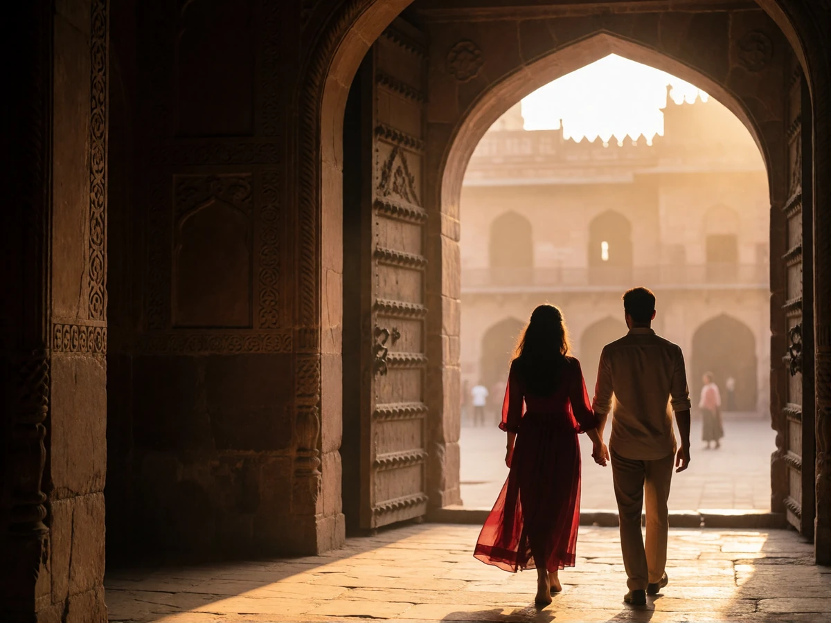 Couple walking hand in hand through a stone archway toward a sunlit European square at evening