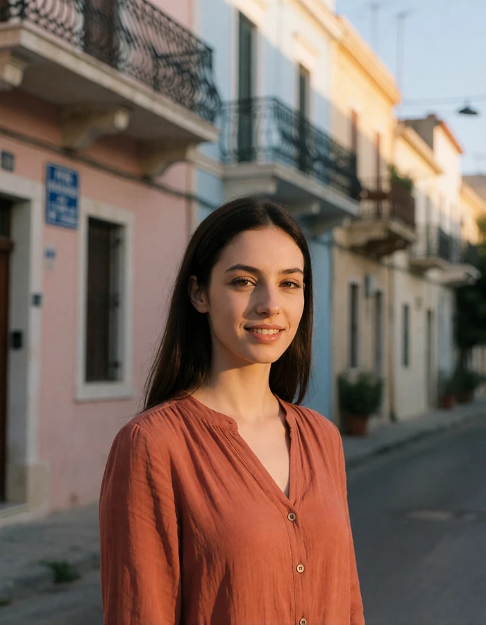 Verified Cypriot member from Nicosia with long straight dark hair on a pastel-toned old-town street
