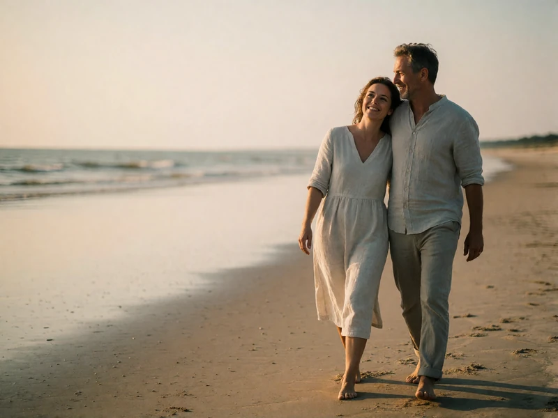 Couple in their forties walking barefoot along the flat sand of the Latvian Baltic coast at golden hour